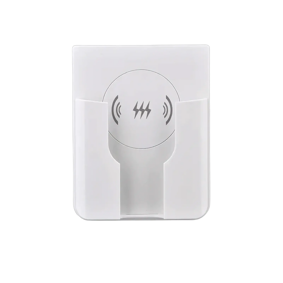 White 15w in-wall wireless fast charger with sleek minimalist design featuring integrated phone holder and charging symbols