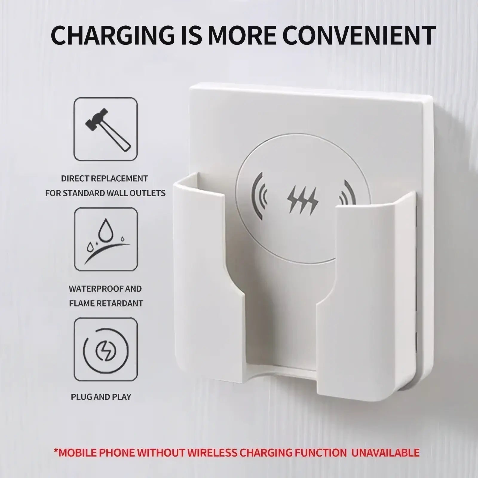 White plastic 15w in-wall wireless fast charger with circular induction pad and side slots for device placement