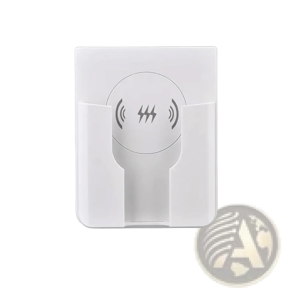 White 15w in-wall wireless fast charger with sleek minimalist design featuring integrated phone holder and charging symbols