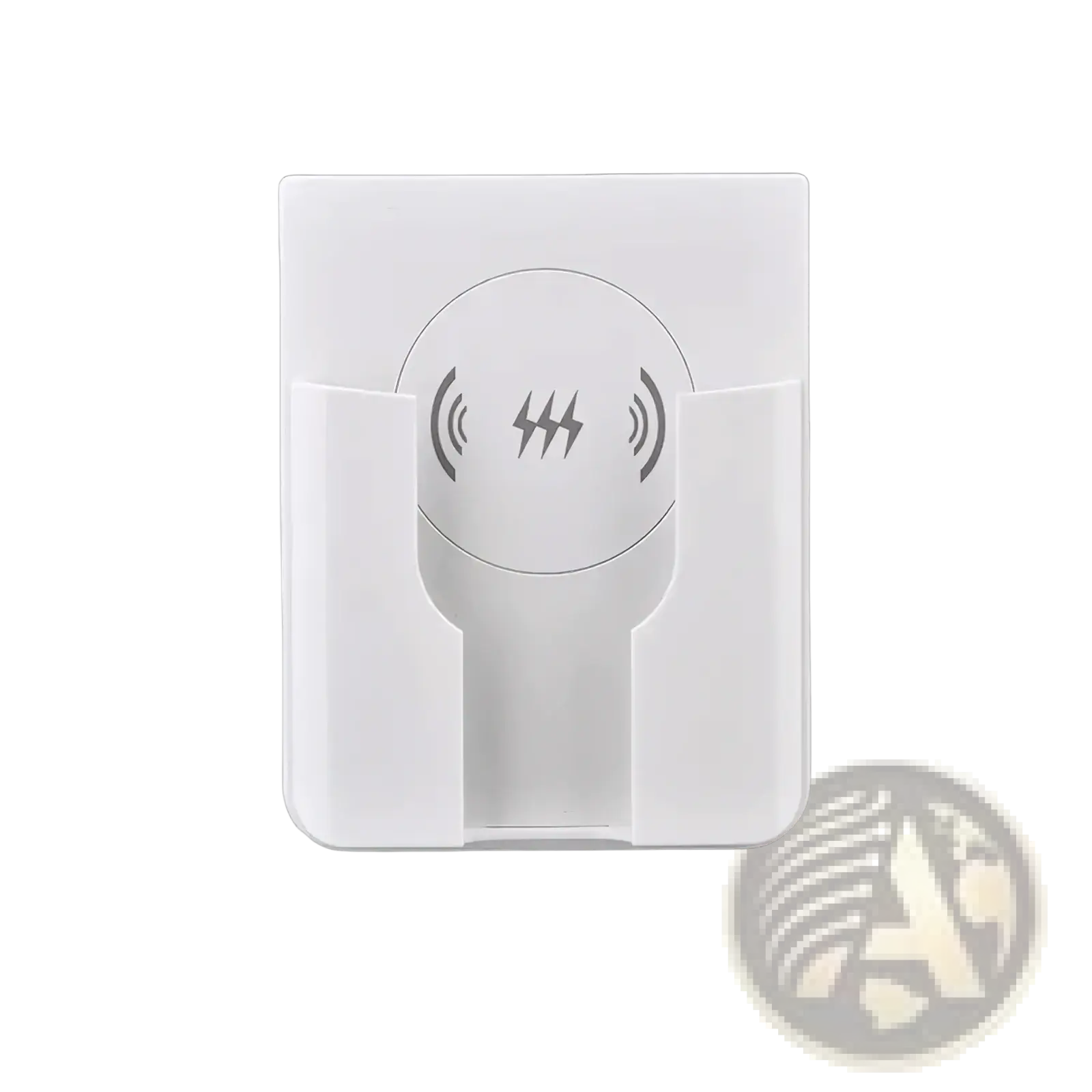White 15w in-wall wireless fast charger with sleek minimalist design featuring integrated phone holder and charging symbols