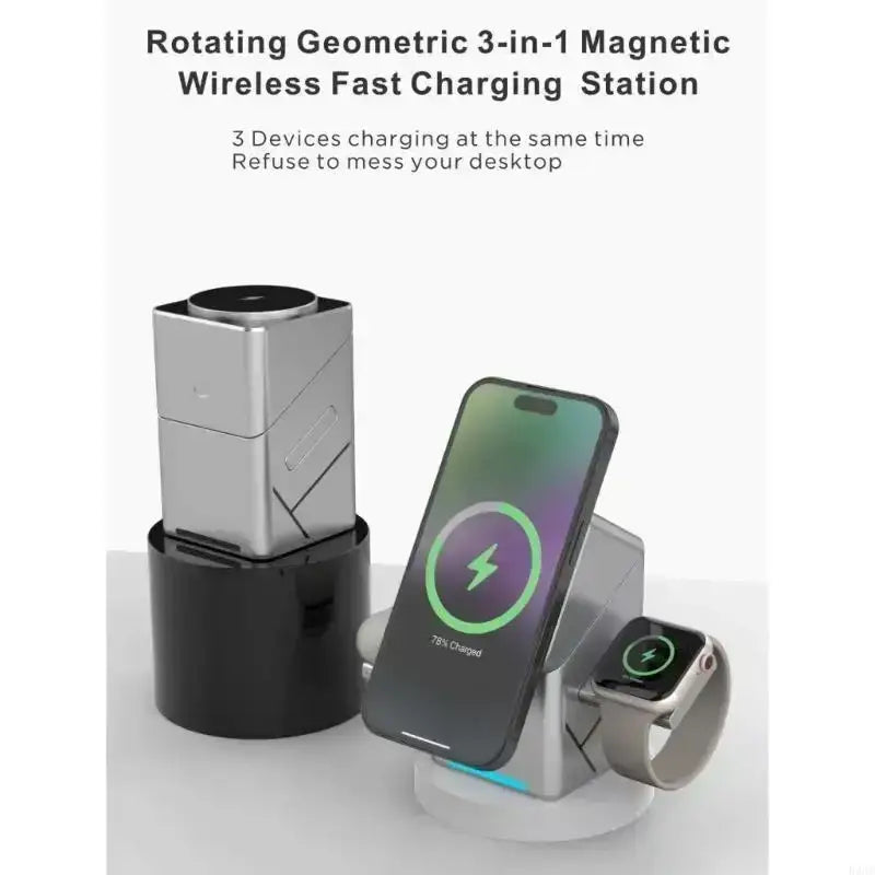 Silver geometric 3-in-1 magnetic 15w wireless rotating charging stand with black base for smartphones