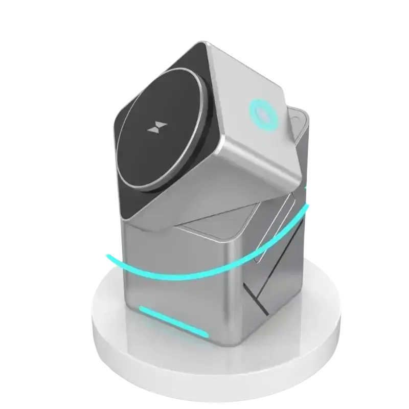 Silver geometric 15w wireless rotating charging stand with black circular pad and glowing teal accent lights for smartphones
