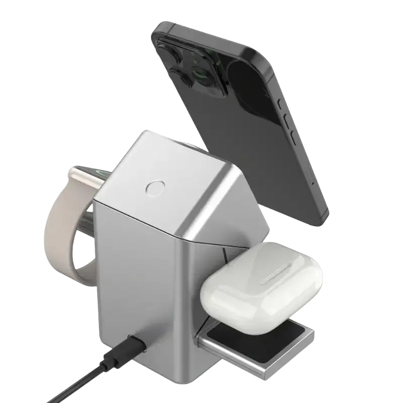 Silver 15w wireless rotating charging stand with integrated slots for smartphone smartwatch and earbuds charging
