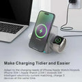 Silver 15w wireless rotating charging stand with integrated slots for iPhone apple watch and AirPods