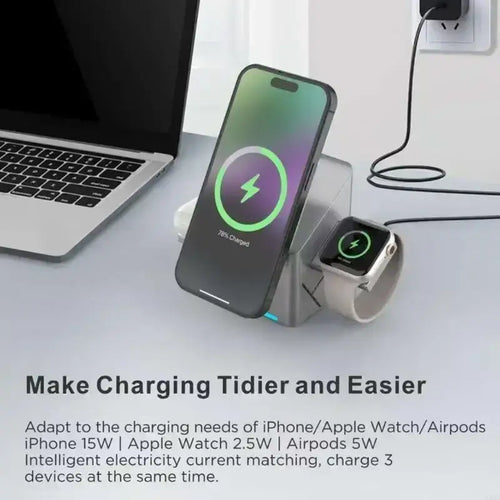 Silver 15w wireless rotating charging stand with integrated slots for iPhone apple watch and AirPods