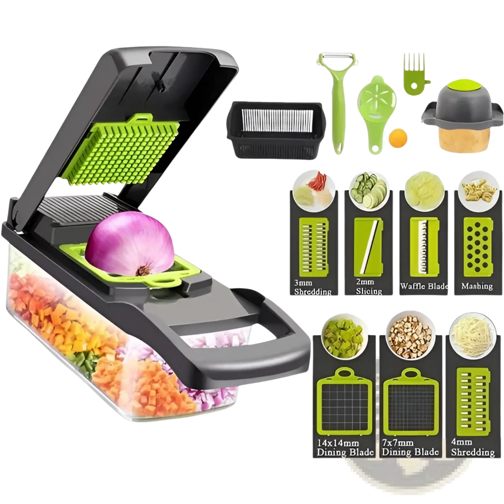 Black and green 16 in 1 multi-function vegetable chopper with interchangeable blades for shredding slicing dicing and mashing