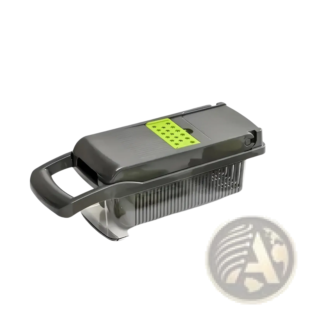 Gray plastic 16 in 1 vegetable chopper and multi slicer with lime green grating surface and transparent tray