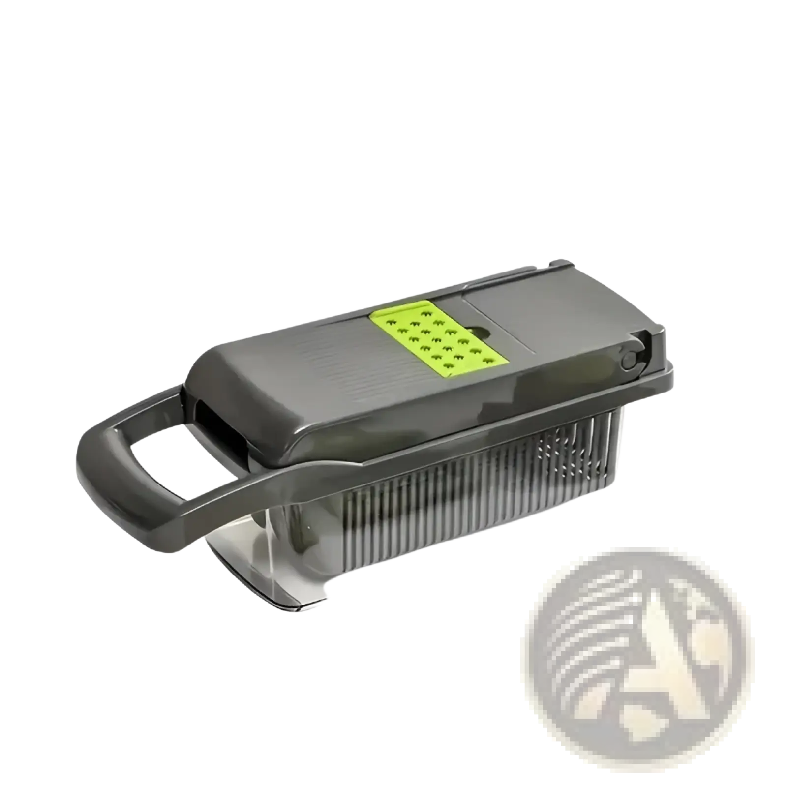 Gray plastic 16 in 1 vegetable chopper and multi slicer with lime green grating surface and transparent tray