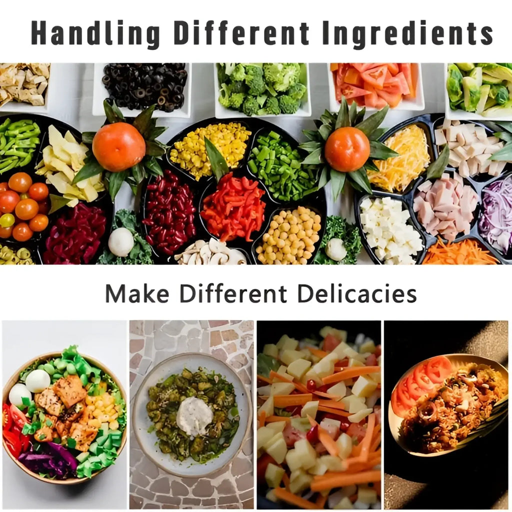 A vibrant colorful array of chopped vegetables and proteins in black trays showcasing the 16 in 1 vegetable chopper set