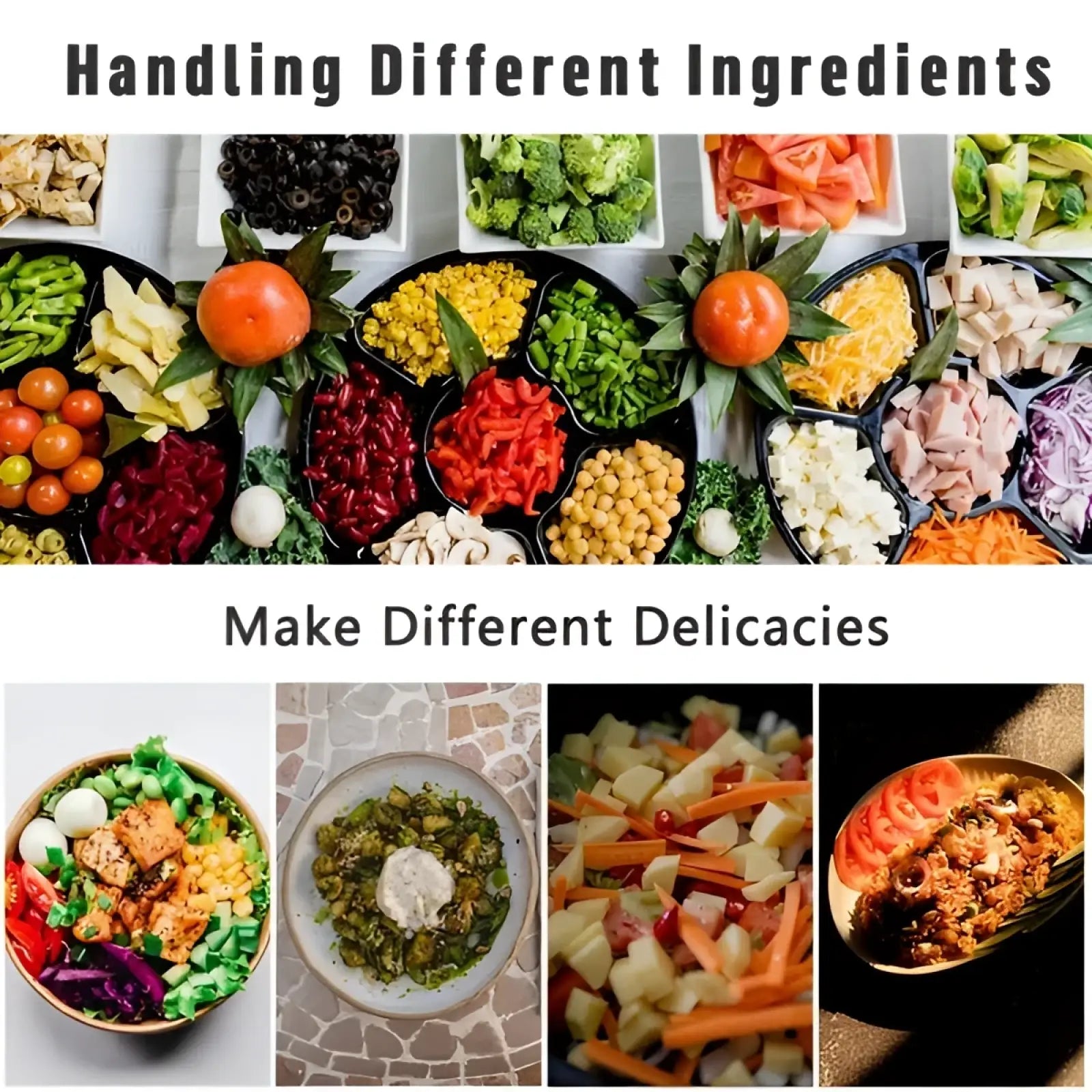 A vibrant colorful array of chopped vegetables and proteins in black trays showcasing the 16 in 1 vegetable chopper set