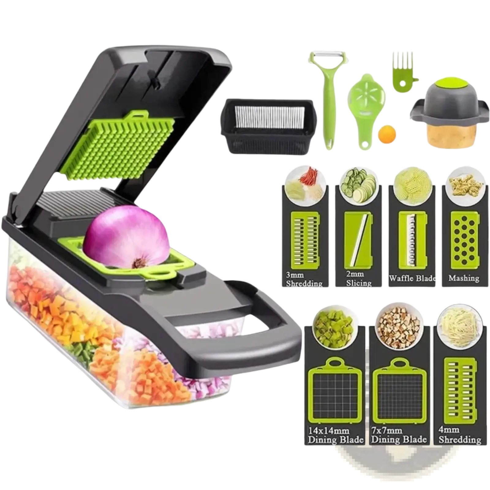 Black and green 16 in 1 vegetable chopper with interchangeable blades for multi slicing and chopping tasks