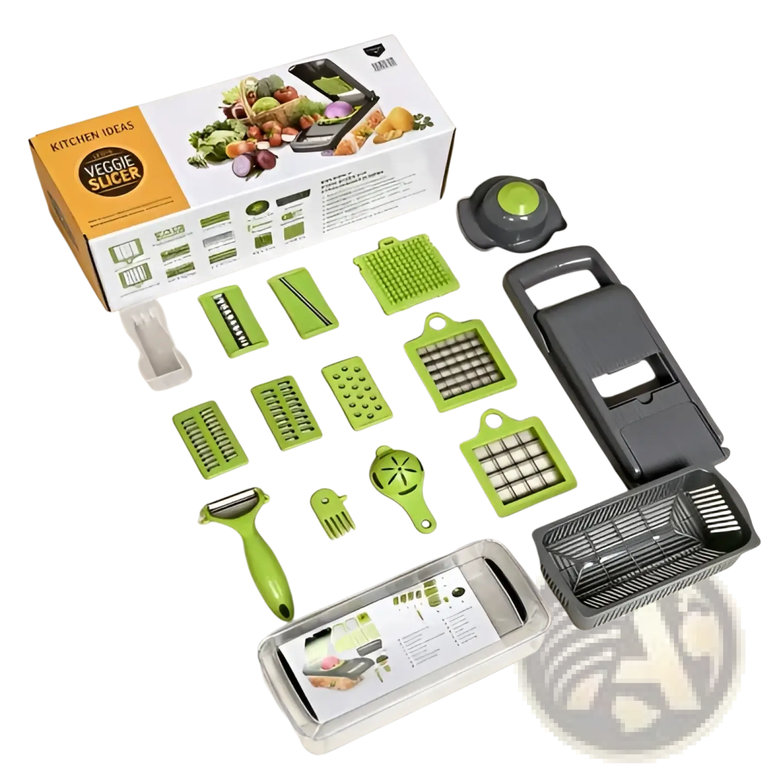 Green and gray 16 in 1 vegetable chopper and multi slicer set with multiple interchangeable blades for versatile slicing