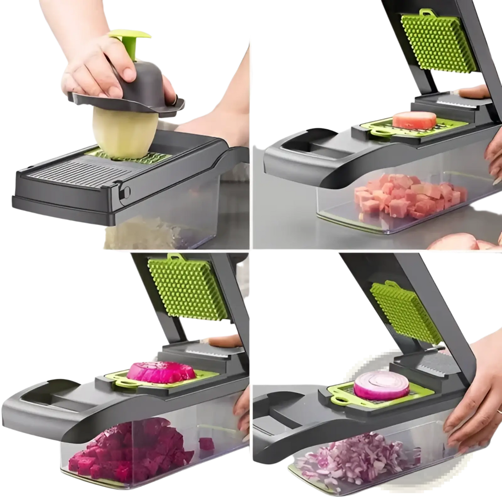 Black and green 16 in 1 vegetable chopper and multi slicer set with interchangeable blades for slicing and grating