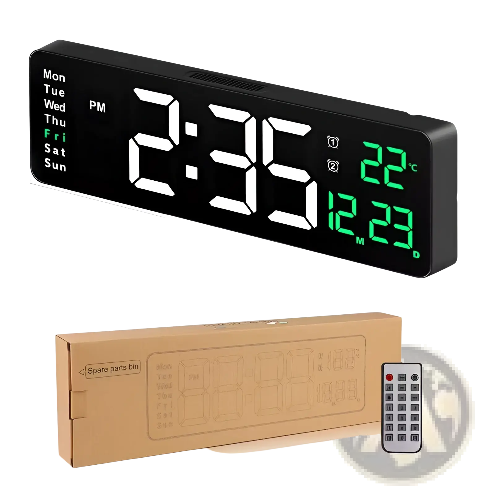 Black rectangular 16 inch digital LED wall clock with white and green displays showing time date temperature and day