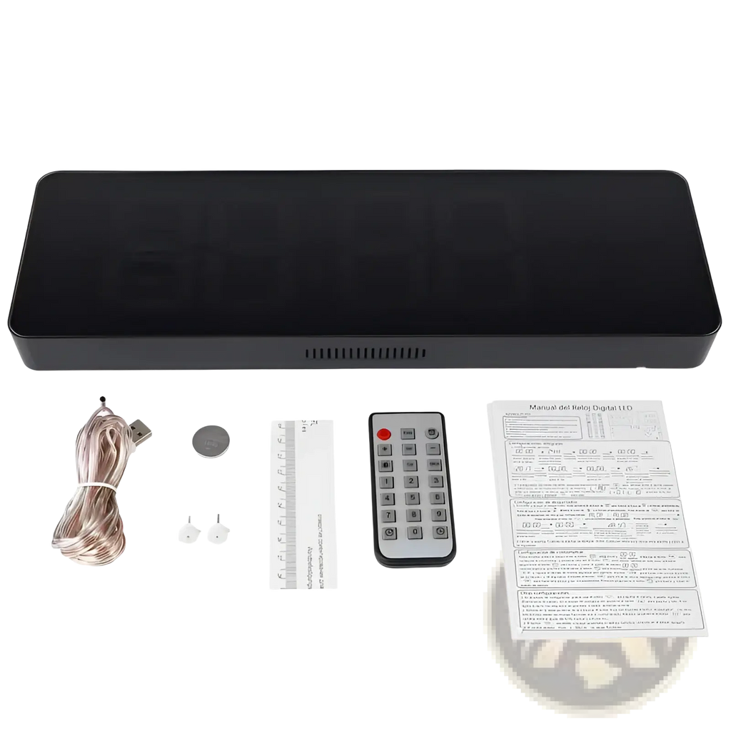 16 inch digital led wall clock with remote and dimmer featuring a black rectangular glossy display and ventilation slots