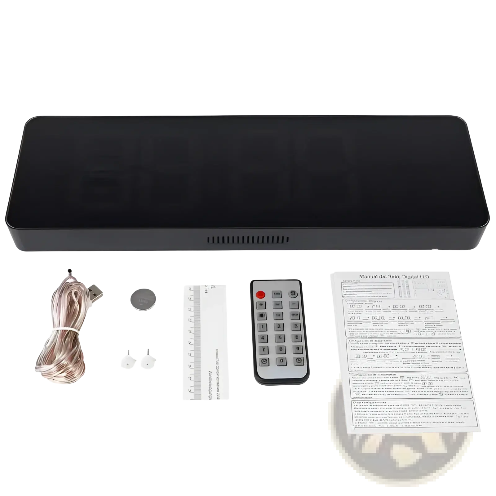 16 inch digital led wall clock with remote and dimmer featuring a black rectangular glossy display and ventilation slots