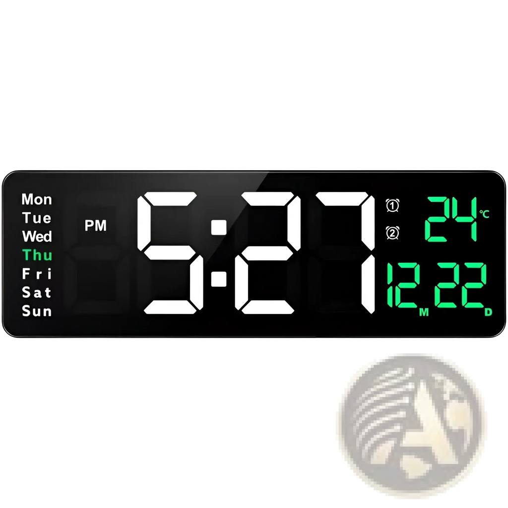 Black 16 inch digital led wall clock with white and green displays showing time day date temperature and month with remote and dimmer