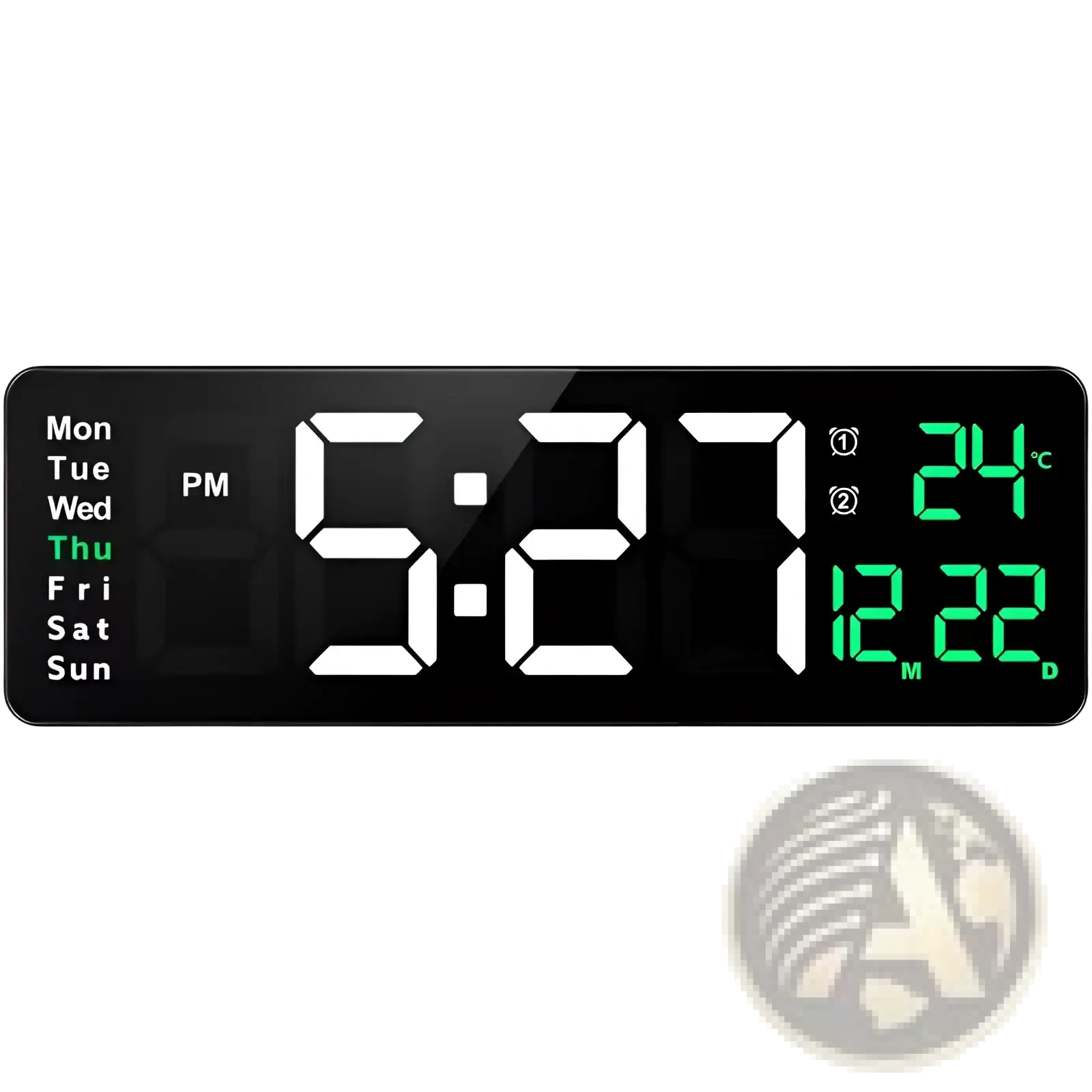 Black 16 inch digital led wall clock with white and green displays showing time day date temperature and month with remote and dimmer
