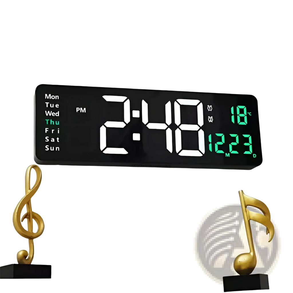 16 inch black led digital wall clock with white numerals green temperature display and calendar on left side with remote and dimmer