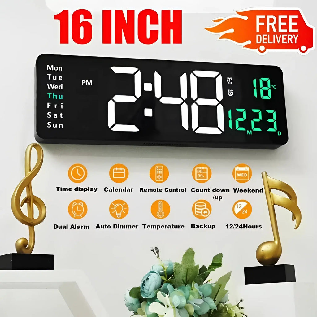 16 inch black digital led wall clock with remote and dimmer displaying time date temperature and calendar in white and green LEDs