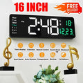 16 inch black digital led wall clock with remote and dimmer displaying time date temperature and calendar in white and green LEDs