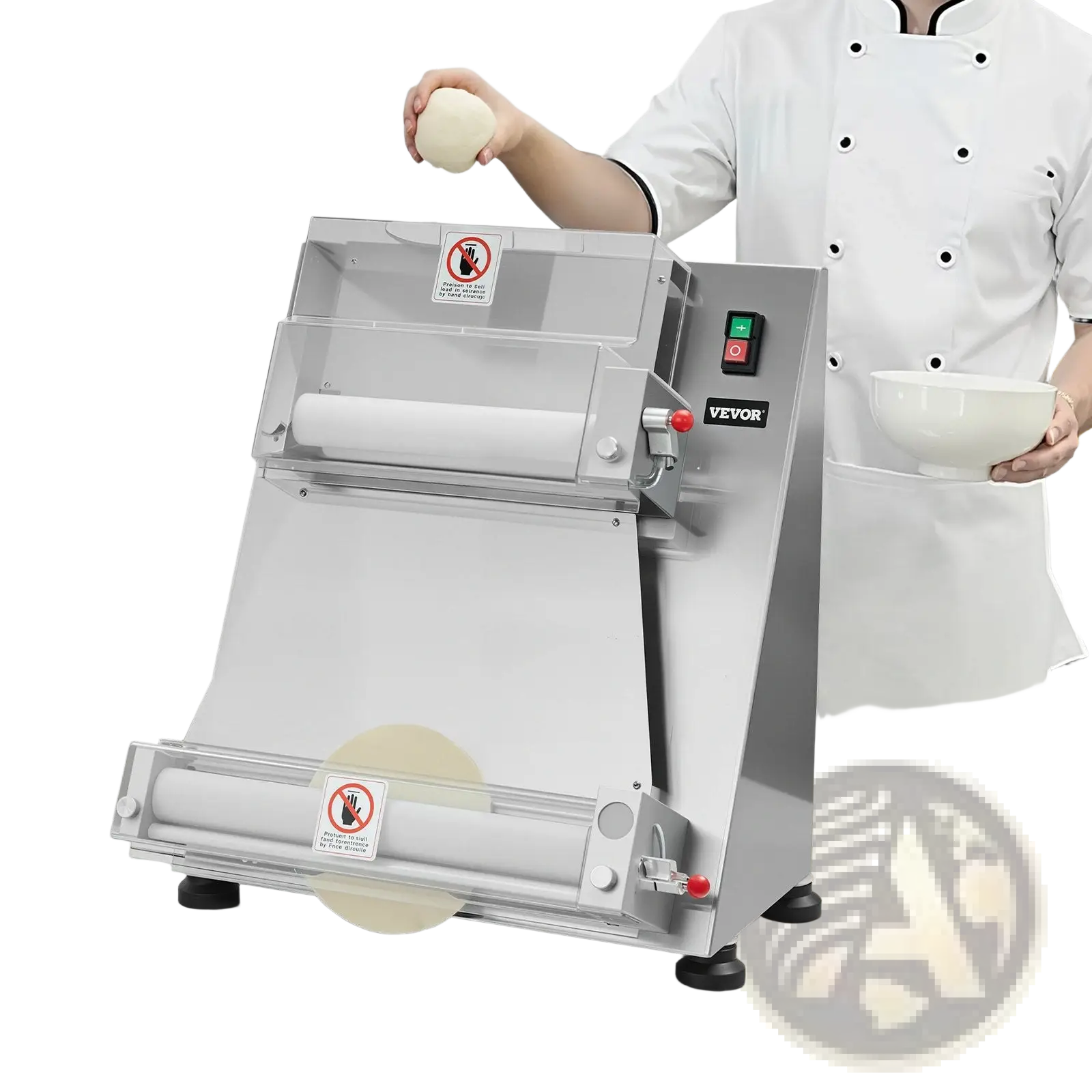 Stainless steel vevor 16 inch commercial pizza dough roller with dual rollers and safety warning labels for sheeting