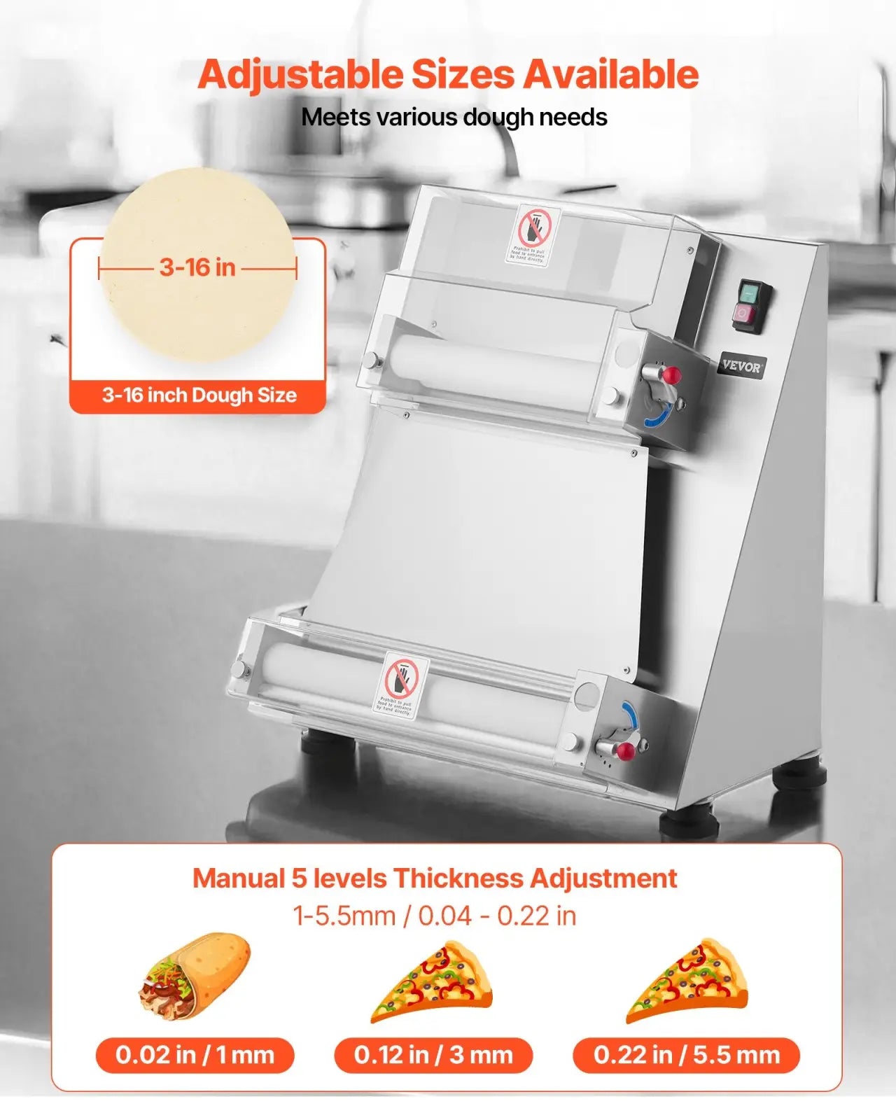 Stainless steel vevor commercial 16 inch pizza dough roller with adjustable 3 to 16 inch width and manual thickness settings