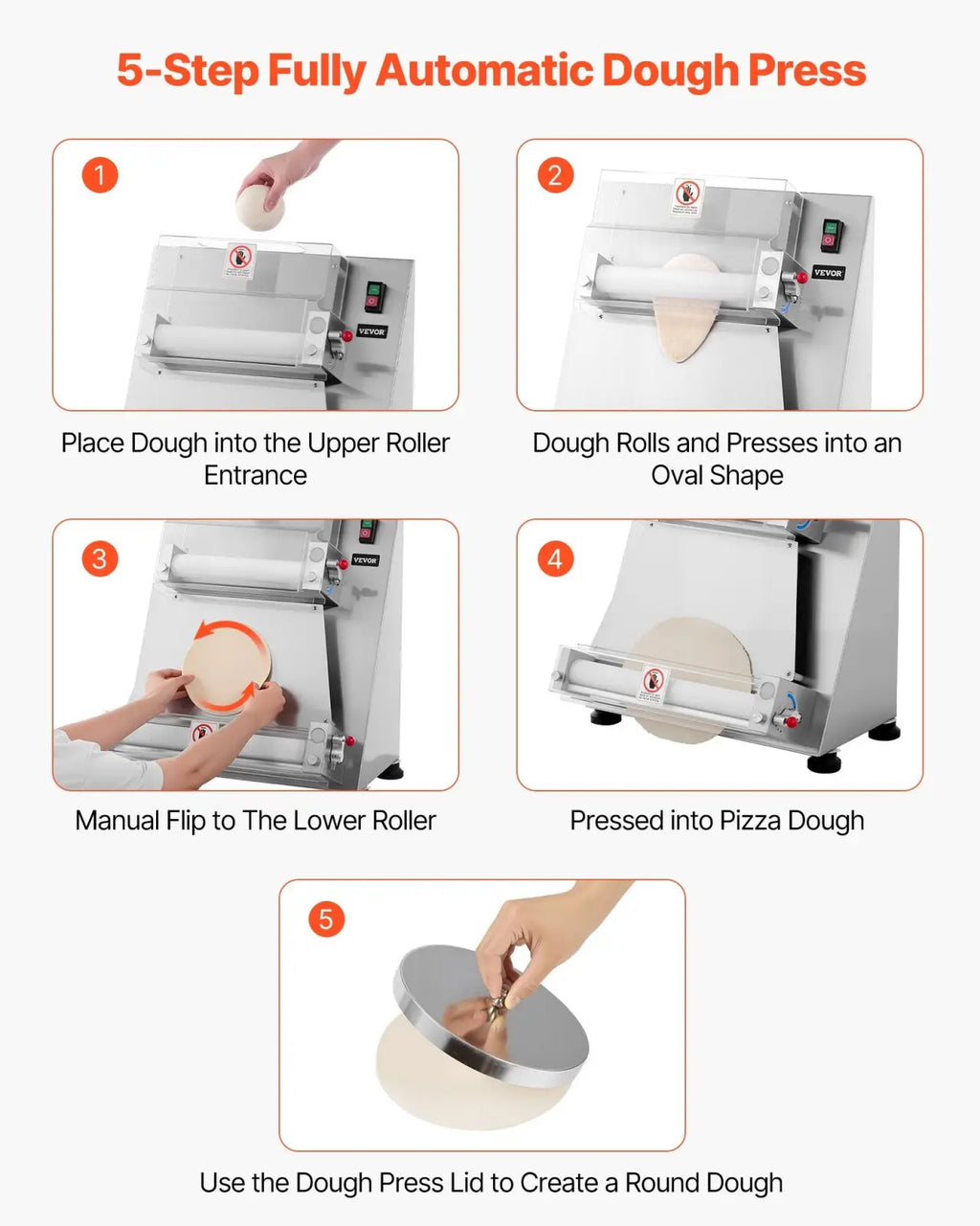 Silver 16 inch fully automatic pizza dough roller with five steps stainless steel body and circular lid for commercial use