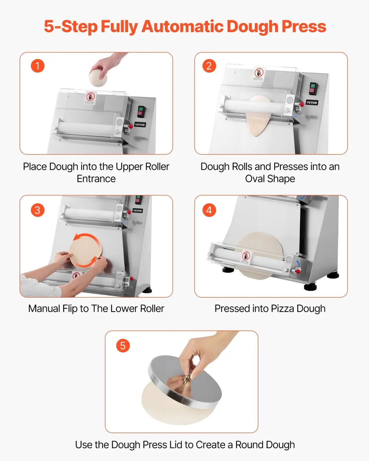 Silver 16 inch fully automatic pizza dough roller with five steps stainless steel body and circular lid for commercial use