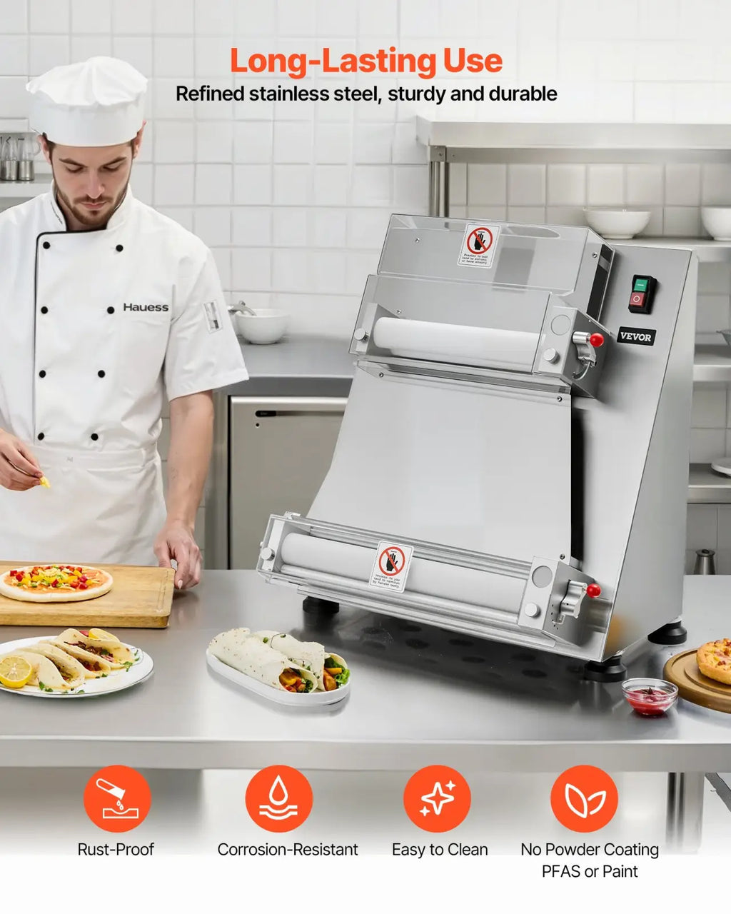 16 inch commercial pizza dough roller made of stainless steel with red control knobs and a sleek industrial design