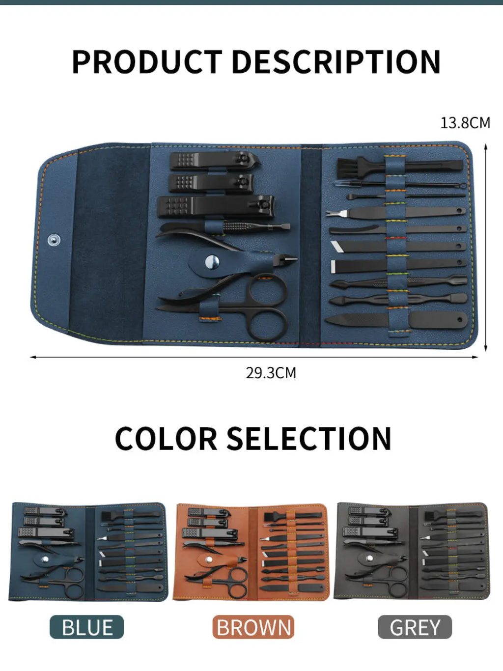 16 piece professional manicure and pedicure kit featuring blue leather case with black metal tools for nail care