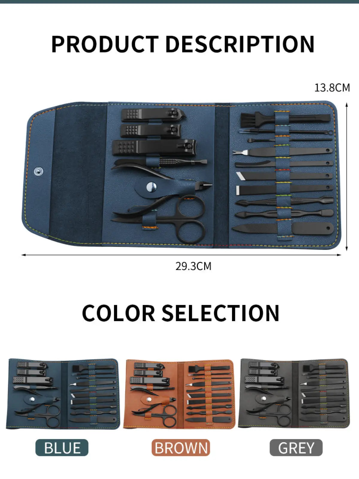 16 piece professional manicure and pedicure kit featuring blue leather case with black metal tools for nail care