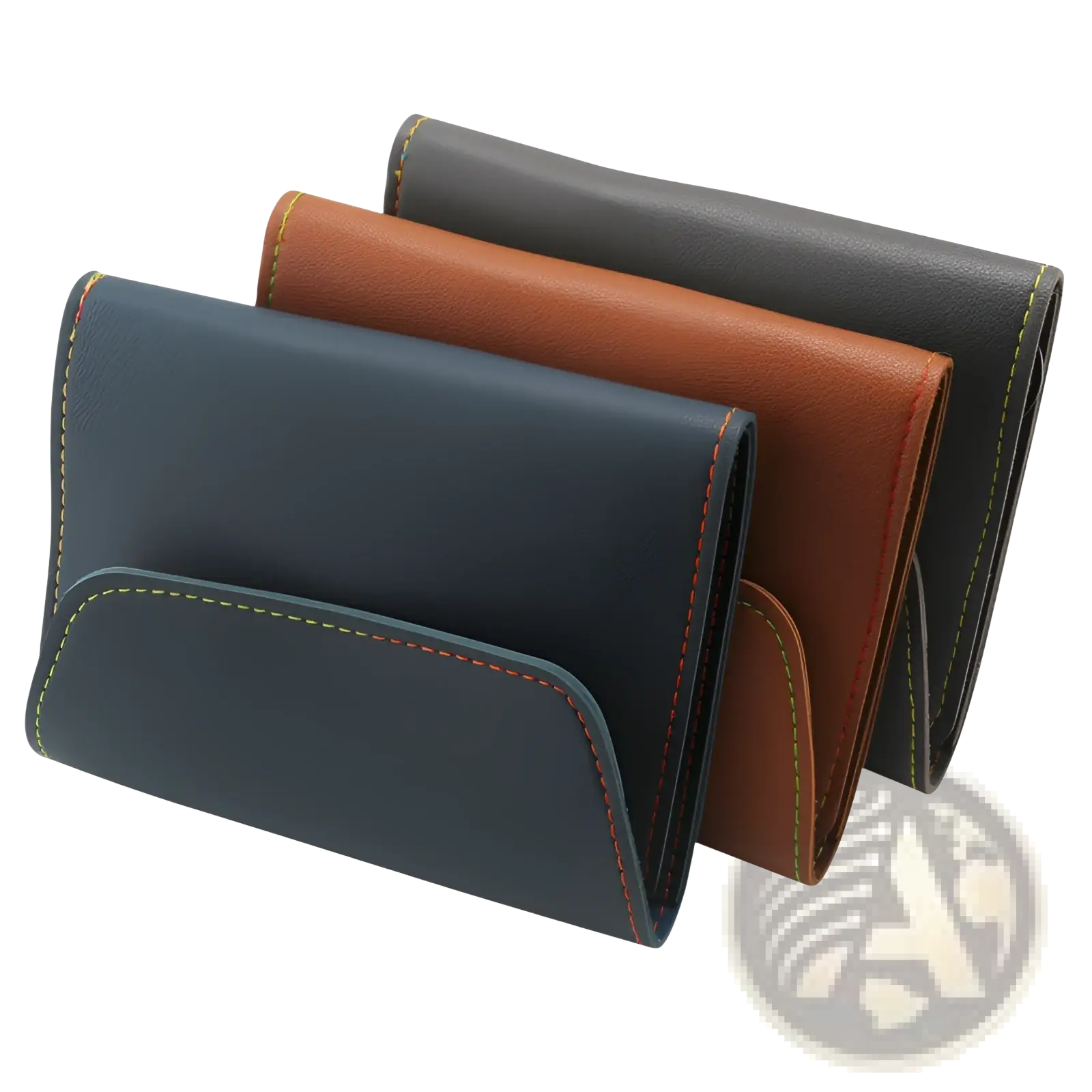 Three slim rectangular leather wallets in navy blue brown and black with contrasting stitching for professional manicure kit