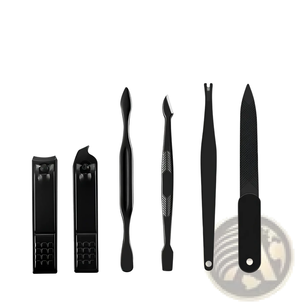 Black 16 piece professional manicure and pedicure kit with six metal tools including nail clippers cuticle pusher and file