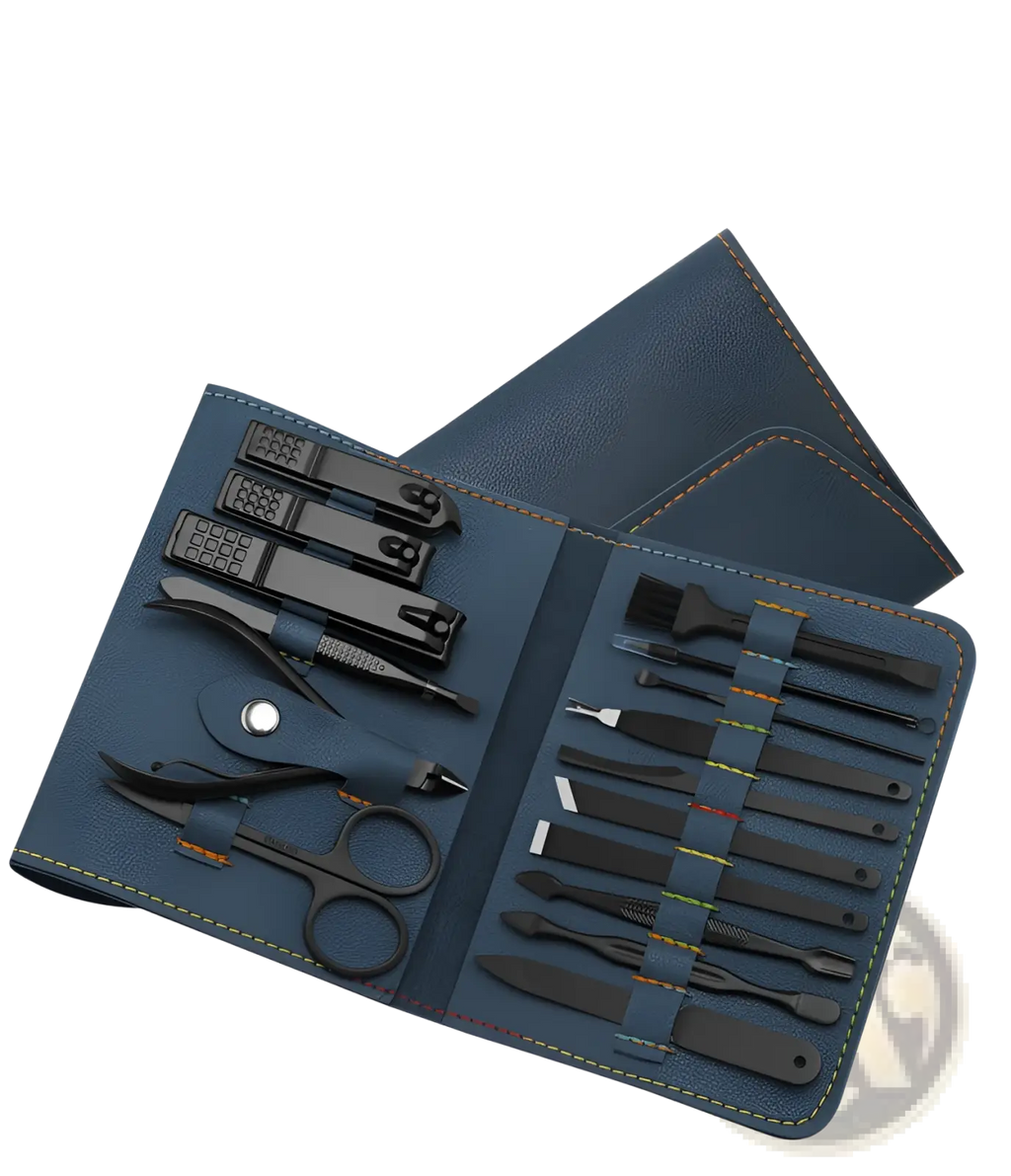 Blue leather 16 piece professional manicure and pedicure kit with black metal manicure care tools in a compact case