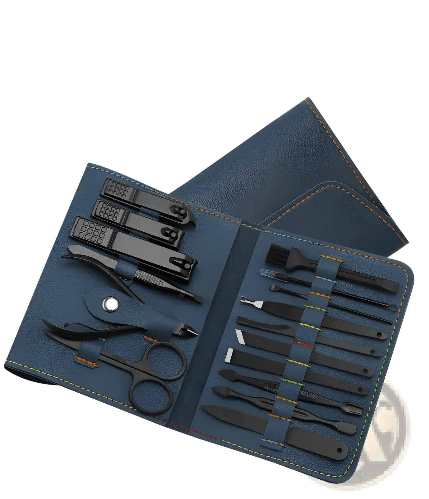 Blue leather 16 piece professional manicure and pedicure kit with black metal manicure care tools in a compact case