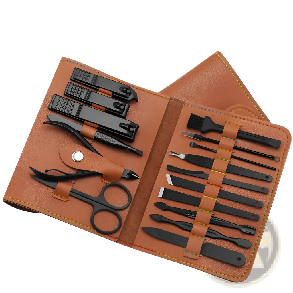 Brown leather case holding a 16 piece professional manicure and pedicure kit with black metal grooming tools