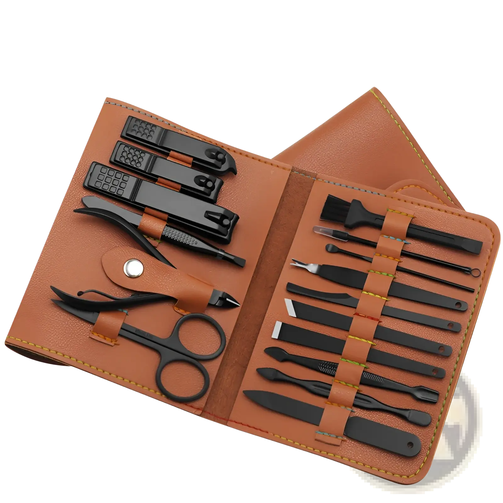 Brown leather case holding a 16 piece professional manicure and pedicure kit with black metal grooming tools