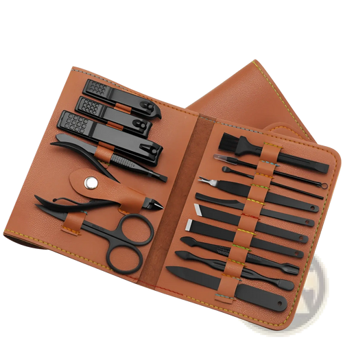Brown leather case holding a 16 piece professional manicure and pedicure kit with black metal grooming tools