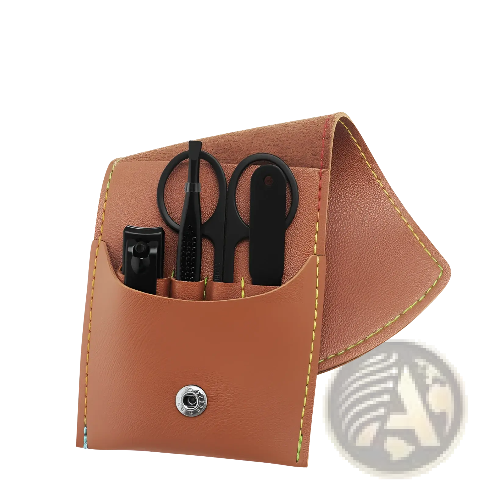 16 piece professional manicure and pedicure kit in brown leather with black tools and yellow stitching