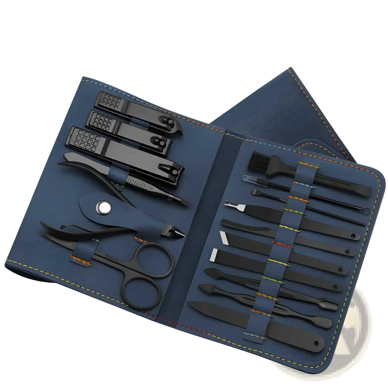 16 piece professional manicure and pedicure kit with blue leather case and black metal tools for nail care
