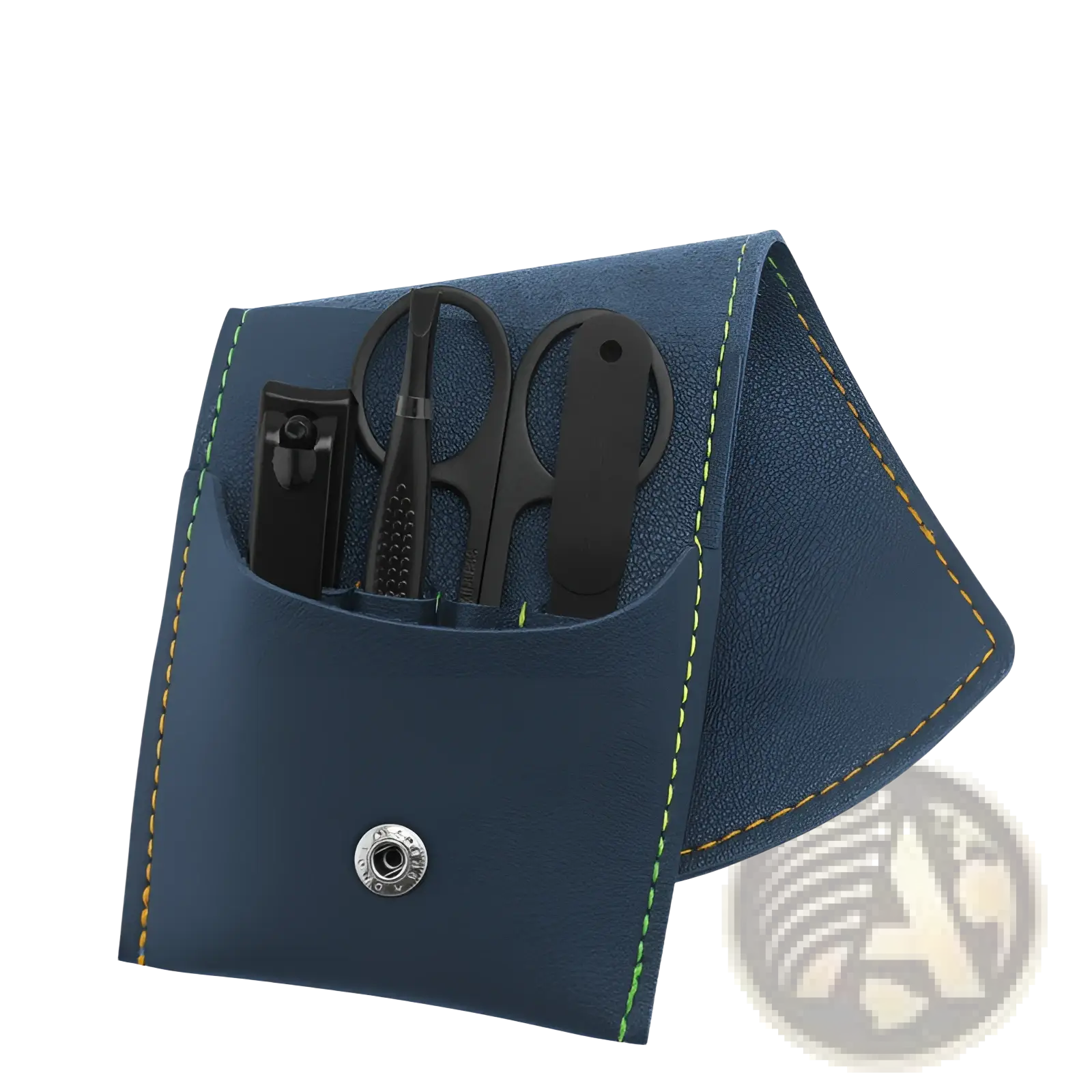 Dark blue leather 16 piece professional manicure and pedicure kit with black tools and yellow green stitching