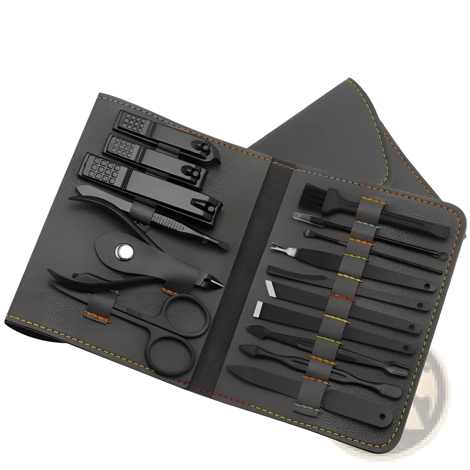 Black 16 piece professional manicure and pedicure kit with nail care tools in a grey leather case with stitching