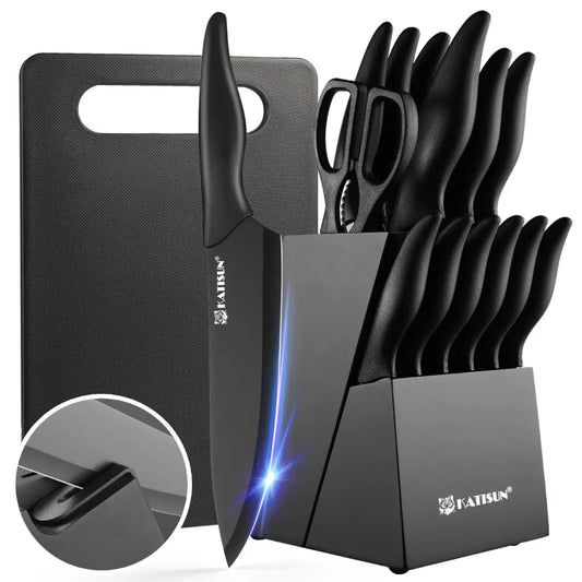 Black ceramic kitchen knife set with matching handles in a sleek modern block with cutting board and sharpener included