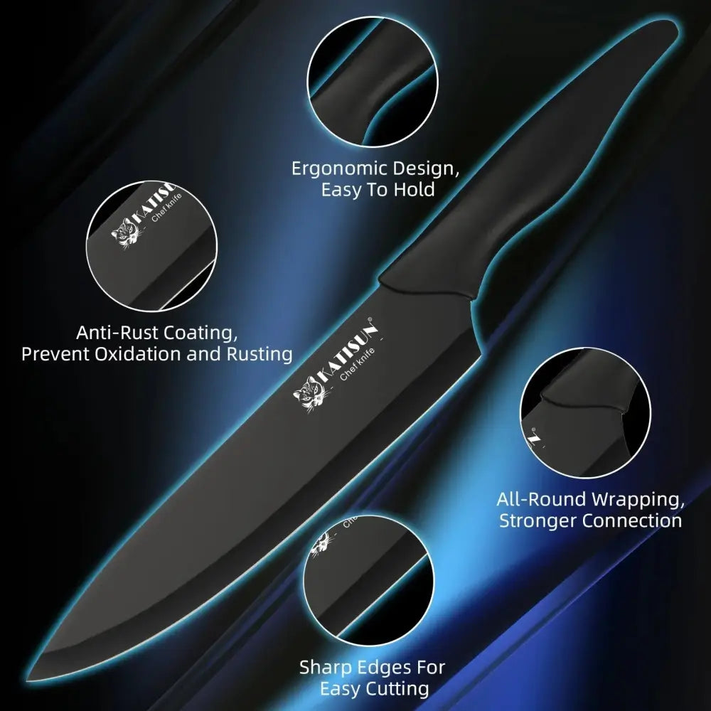 Black ceramic chef’s knife with ergonomic handle from 16 piece German steel knife block set with sharpener