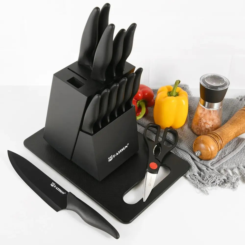 Black ceramic 16 piece german steel knife block set with sleek handles and modern design holding multiple knives
