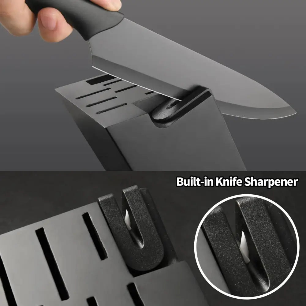 Black ceramic knife with black handle resting in matching black metal block with integrated sharpening guide from 16 piece german steel knife block set with sharpener