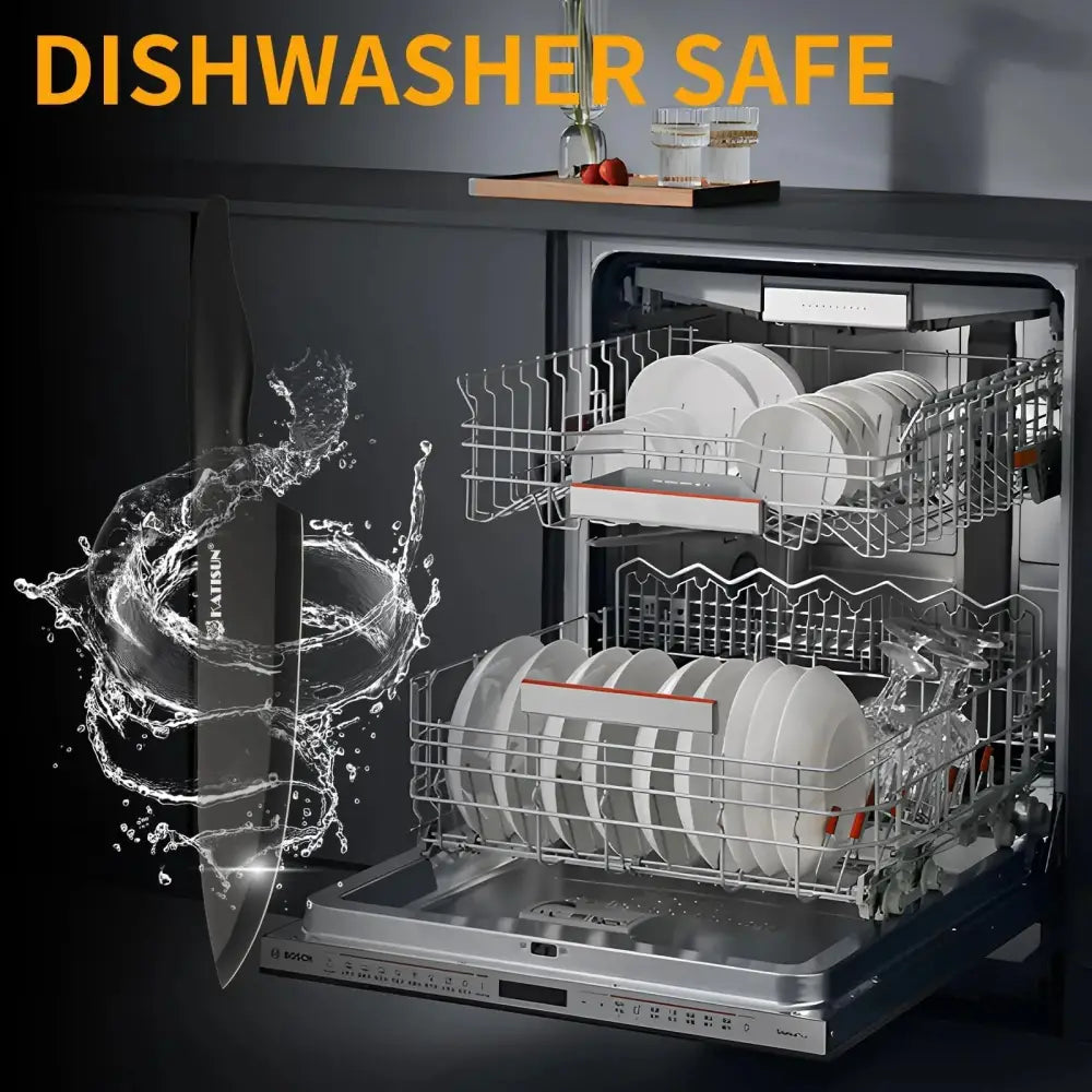 A sleek bosch stainless steel dishwasher with an open door showing neatly arranged white plates and a 16 piece german steel knife block set with sharpener