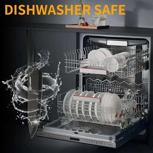 A sleek bosch stainless steel dishwasher with an open door showing neatly arranged white plates and a 16 piece german steel knife block set with sharpener