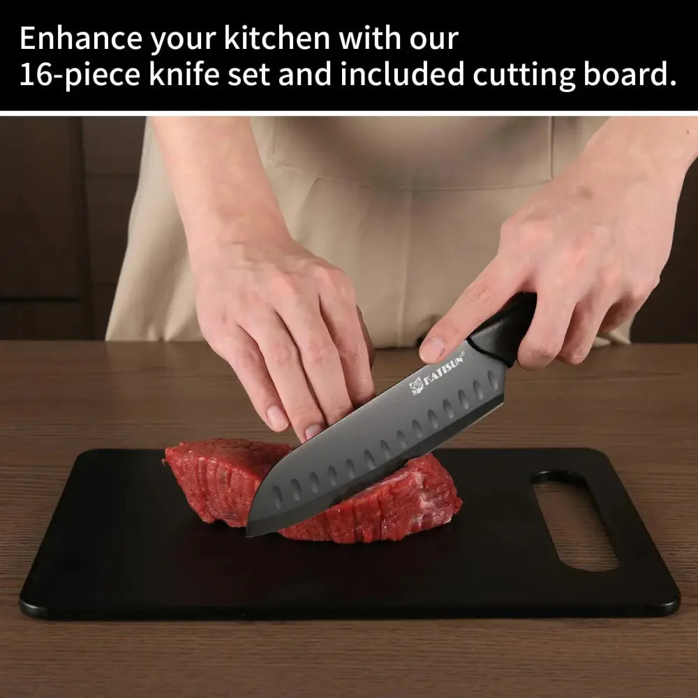 Black fatsun chef’s knife with textured handle and serrated edge in 16 piece german steel knife block set with sharpener